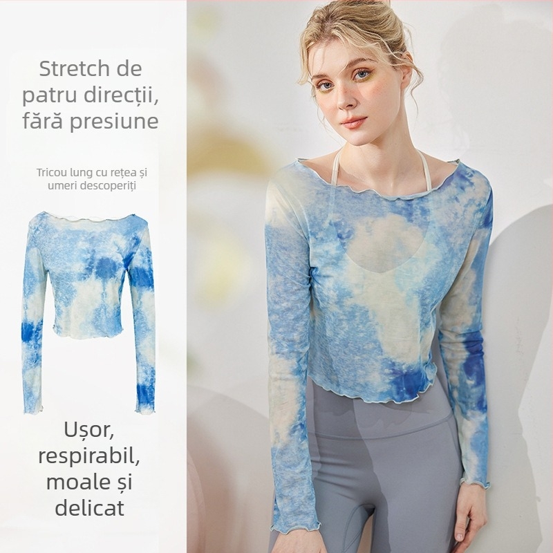 Top de yoga pentru femei, respirabil, plasă 40D, 95% poliester 5% elastan, mâneci lungi, croială crop, mulat