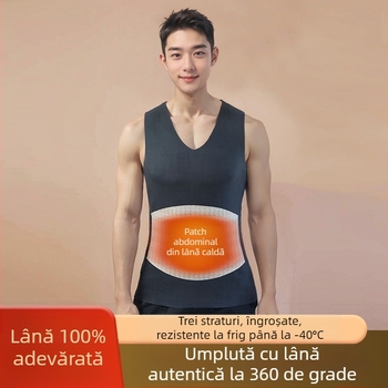Vestă termică din lână pentru bărbați, căptușeală din fleece, cu glugă, construcție în trei straturi, culoare solidă, 95–100% lână, poate fi purtată ca exterior sau ca strat de bază