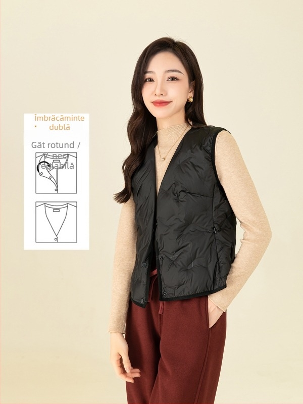 Vesta de damă cu umplutură din puf, croială Slim, puf 86–90%, grosime medie, material poliester, lungime 50–65 cm