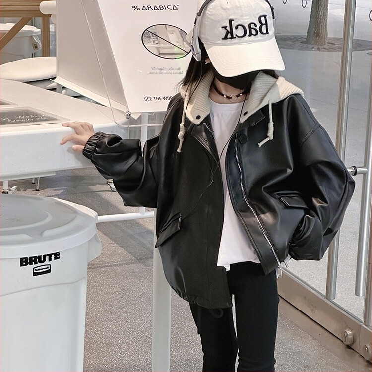 Geacă din piele PU pentru fete, stil coreean, cu glugă detașabilă și închidere cu fermoar