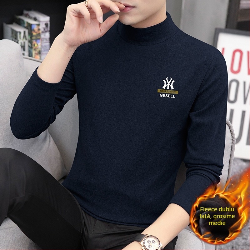 Tricou bărbați cu mâneci lungi și guler înalt, croială Slim, amestec poliester, 280 g, căptușit cu fleece