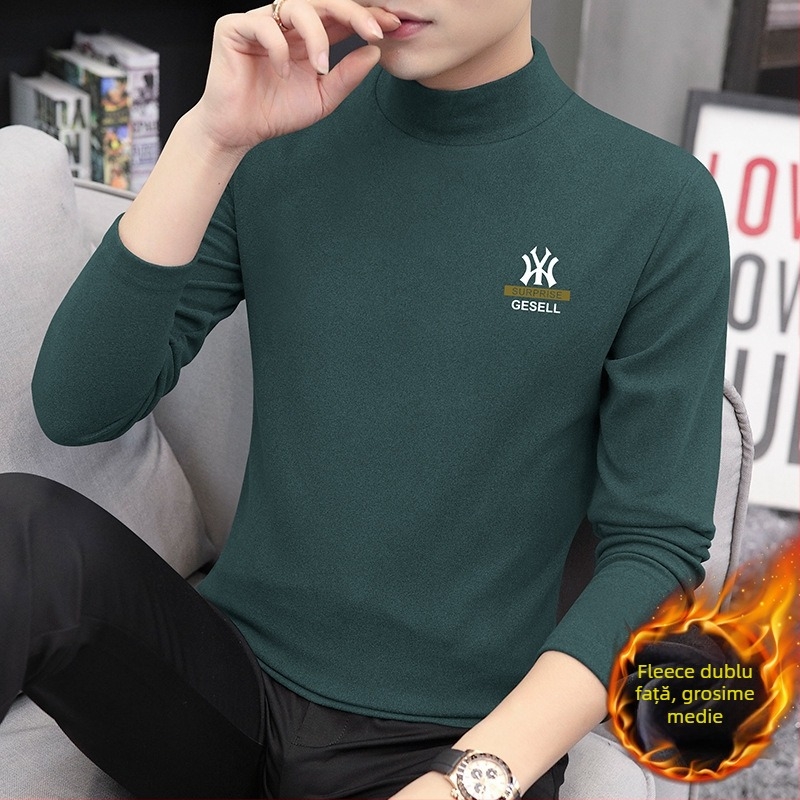 Tricou bărbați cu mâneci lungi și guler înalt, croială Slim, amestec poliester, 280 g, căptușit cu fleece