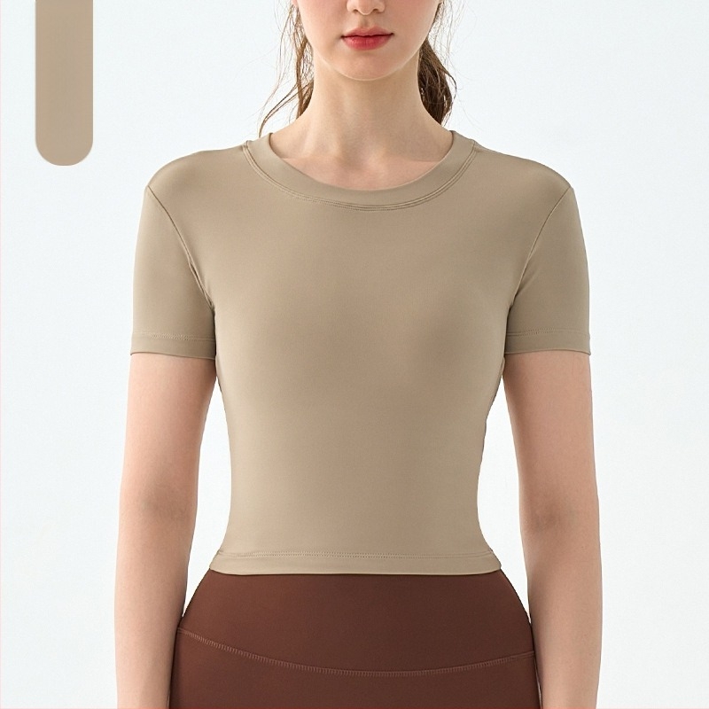 Top de yoga pentru femei, spate deschis cu pernă pentru bust – croială Slim-Fit, guler rotund, material respirabil, 80% nylon, 20% spandex, mâneci scurte