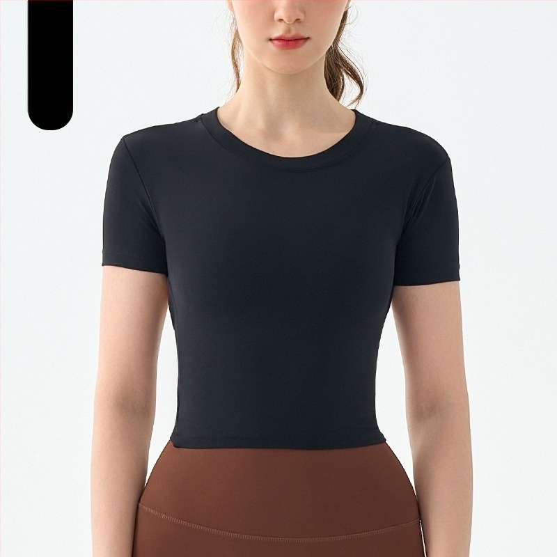 Top de yoga pentru femei, spate deschis cu pernă pentru bust – croială Slim-Fit, guler rotund, material respirabil, 80% nylon, 20% spandex, mâneci scurte