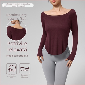 Top de yoga - Croială lejeră, Lungime la șolduri, Mâneci lungi, 80% nailon + 20% spandex, Absorbție rapidă a umezelii
