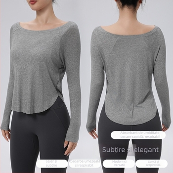 Top de yoga - Croială lejeră, Lungime la șolduri, Mâneci lungi, 80% nailon + 20% spandex, Absorbție rapidă a umezelii