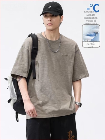 Tricou din bumbac slub, croială lejeră, mâneci scurte, guler rotund, 100% bumbac