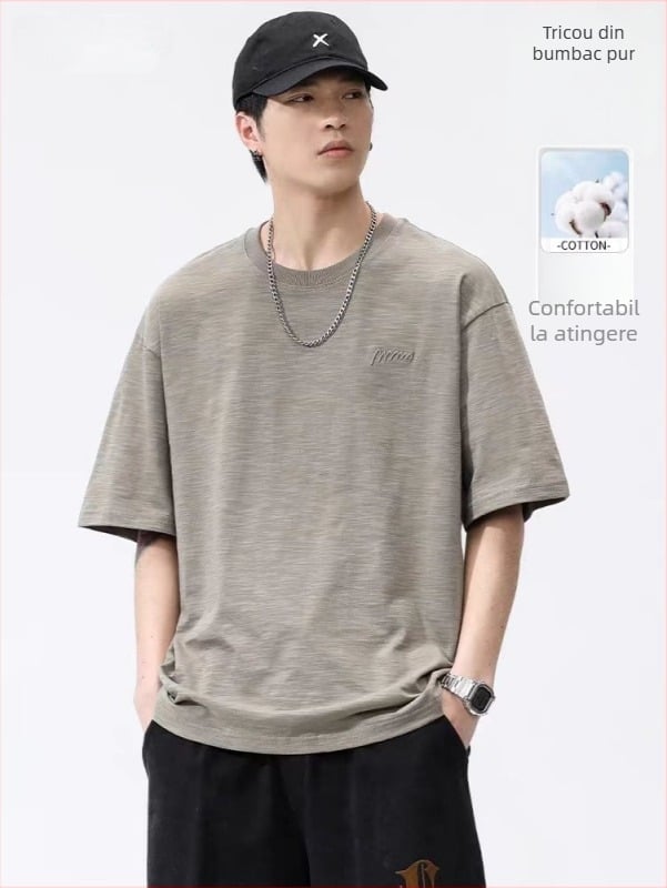 Tricou din bumbac slub, croială lejeră, mâneci scurte, guler rotund, 100% bumbac