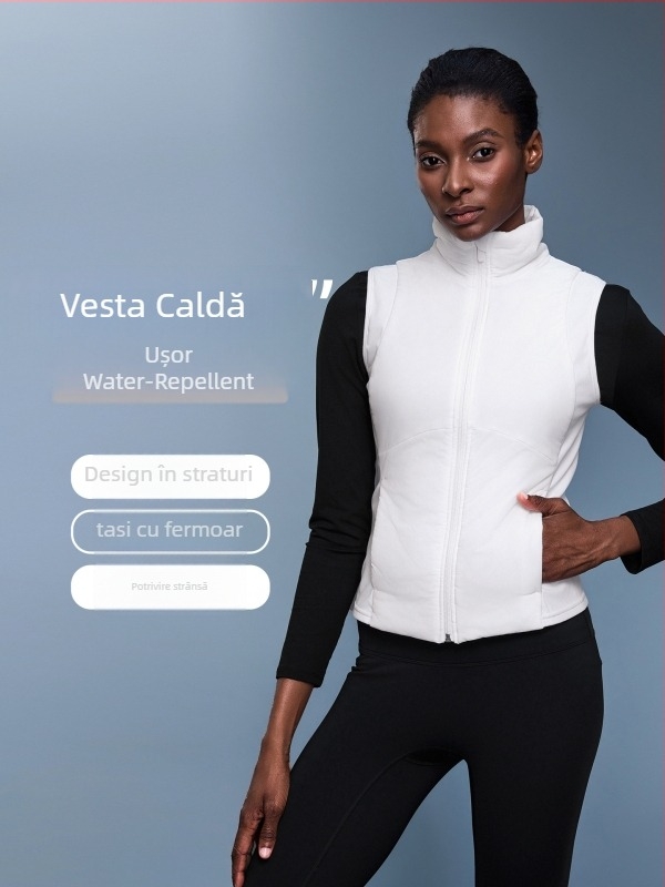 Gilet-jachetă fără mâneci, cu guler înalt, fără glugă; Material: amestec de bumbac cu 94% nylon