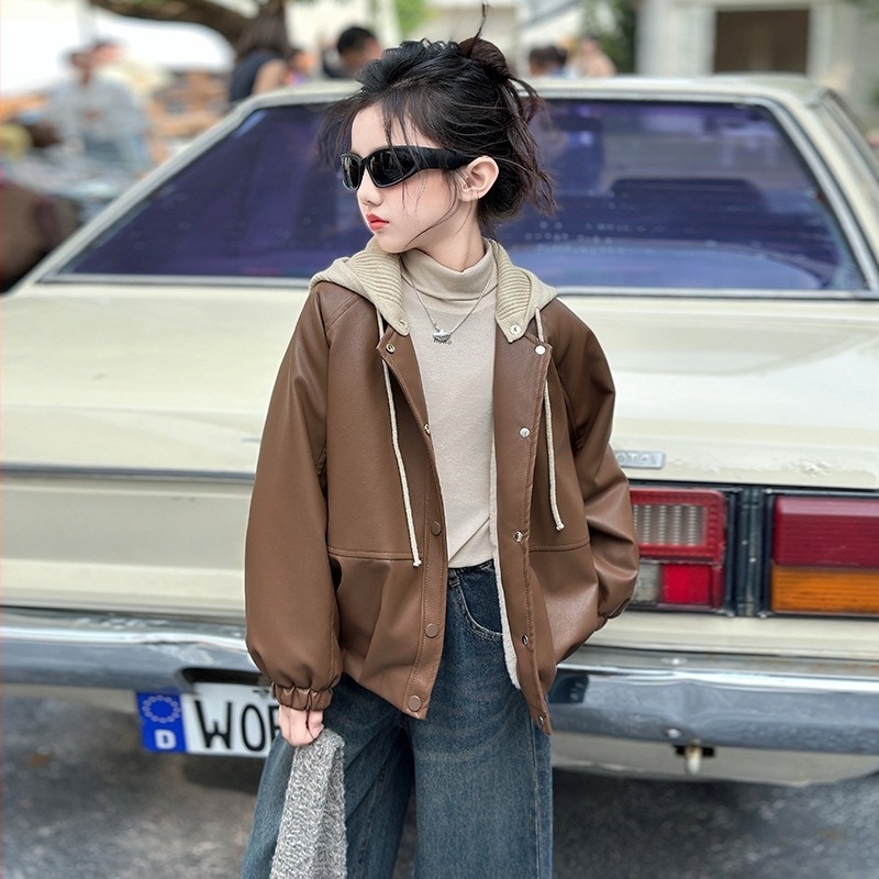 Geacă de piele PU pentru fete, cu glugă detașabilă, căptușită cu fleece, croială scurtă, guler în V, pentru copii peste 8 ani, toamnă 2025