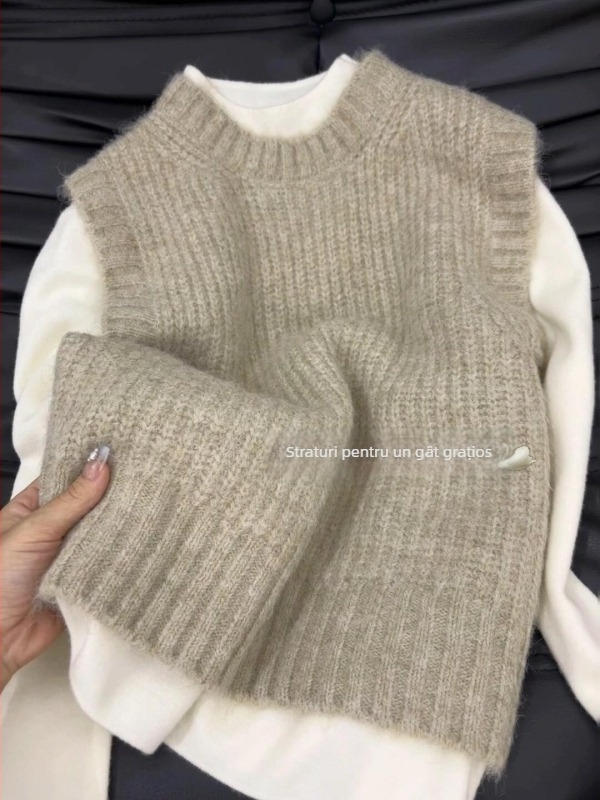 Vesta tricotată pentru femei, stil Royal Sister, guler rotund, lungime 50–65 cm, culoare solidă, toamnă 2025