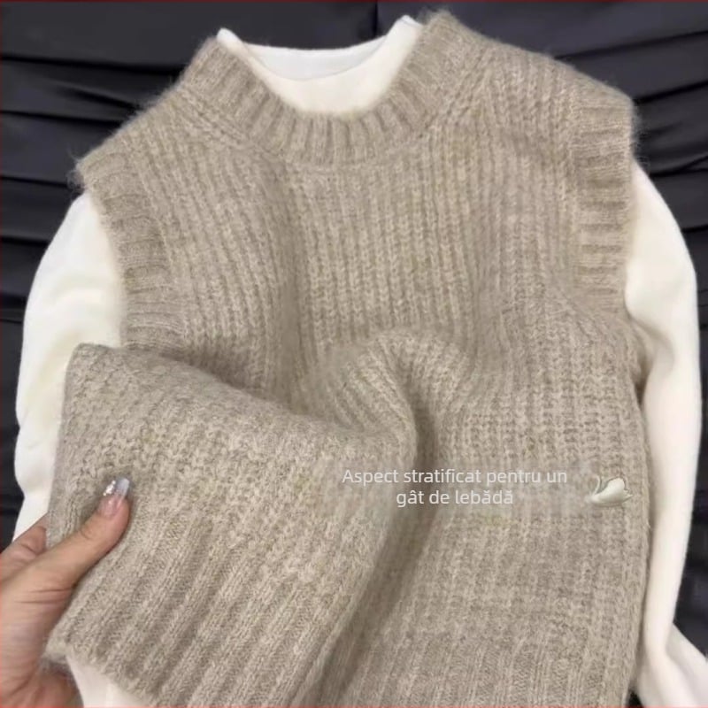Vesta tricotată pentru femei, stil Royal Sister, guler rotund, lungime 50–65 cm, culoare solidă, toamnă 2025