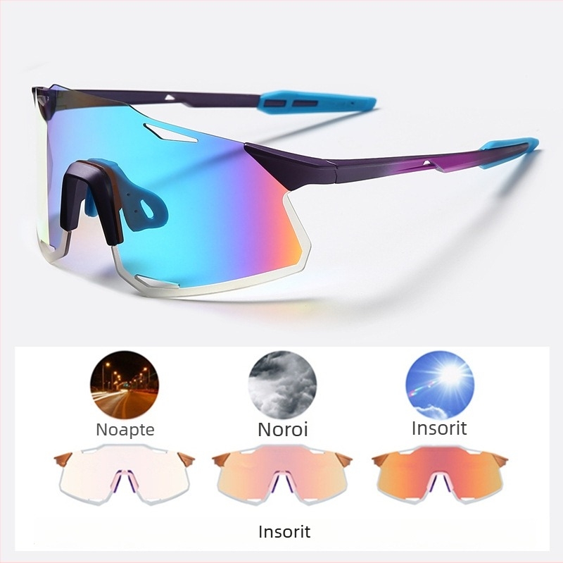 Ochelari de ciclism cu lentile UV400, rezistenți la vânt, lentile care își schimbă culoarea, compatibile cu ochelari de corecție, pernițe nazale reglabile (Modelul S5)
