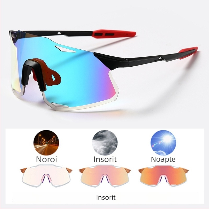 Ochelari de ciclism cu lentile UV400, rezistenți la vânt, lentile care își schimbă culoarea, compatibile cu ochelari de corecție, pernițe nazale reglabile (Modelul S5)