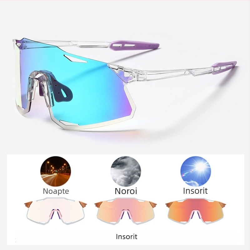 Ochelari de ciclism cu lentile UV400, rezistenți la vânt, lentile care își schimbă culoarea, compatibile cu ochelari de corecție, pernițe nazale reglabile (Modelul S5)