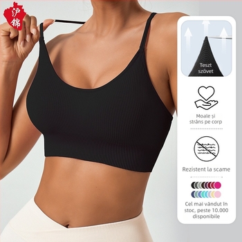 Sutien sport halter neck pentru femei – absorbție a umidității, 90% nailon, 10% spandex, amestec fibre chimice, croială Slim, lungime peste bust, cu bureți