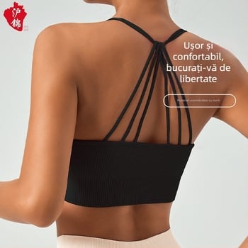 Sutien sport halter neck pentru femei – absorbție a umidității, 90% nailon, 10% spandex, amestec fibre chimice, croială Slim, lungime peste bust, cu bureți