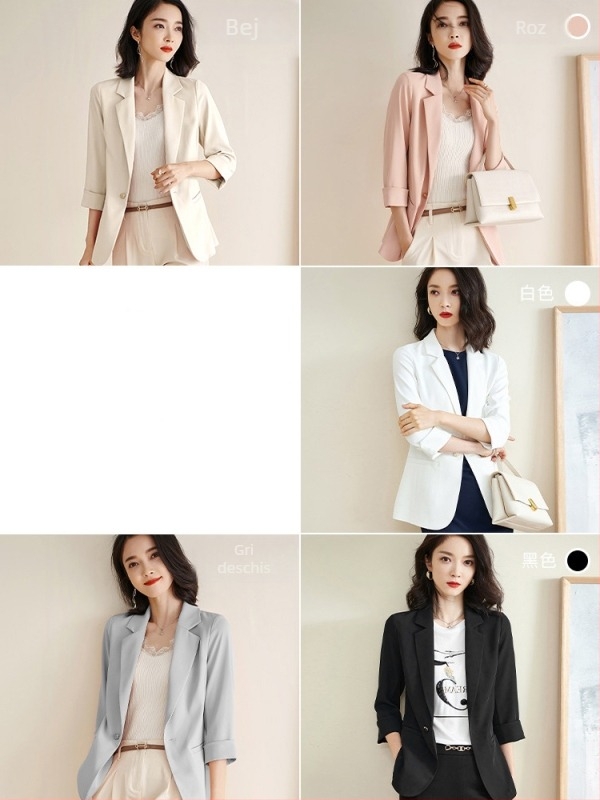 Sacou blazer dama, nasture unic, croială slim-fit, rever clasic, mâneci 3/4, poliester elastan