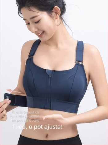 Sutien sport cu Velcro în față și fermoar, design fără spate, stil vestă reglabil, susținere la impact înalt, material poliester + spandex (78%/22%), cupă integrată, croială strânsă