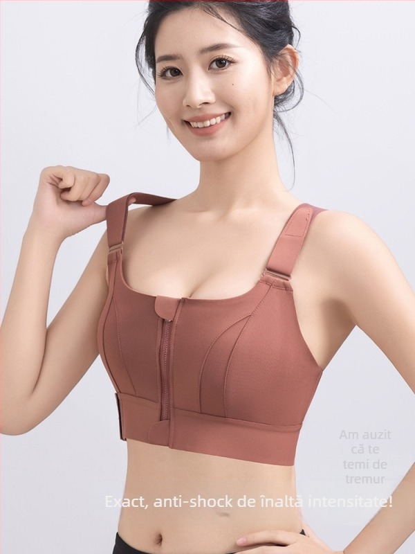 Sutien sport cu Velcro în față și fermoar, design fără spate, stil vestă reglabil, susținere la impact înalt, material poliester + spandex (78%/22%), cupă integrată, croială strânsă