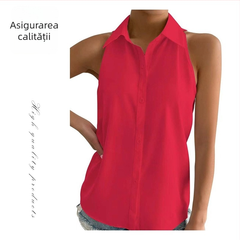 Bluza din satin fără mâneci pentru femei – lungime obișnuită, guler cămașă, culoare solidă, 95%+ poliester satin, vara 2025