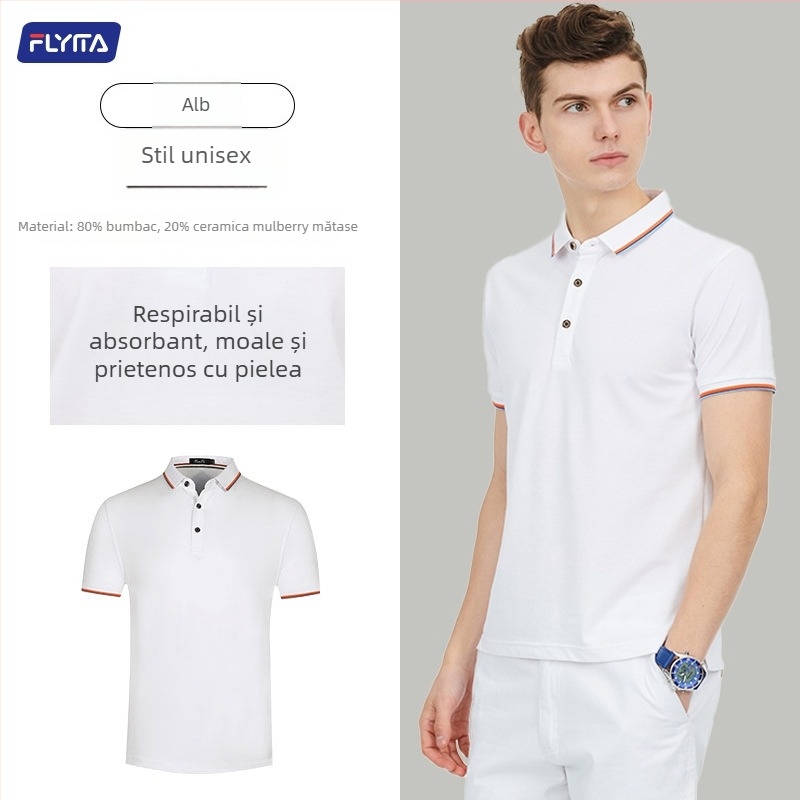 Tricou polo cu logo brodat personalizat, stil versiune coreeană, croi larg, mâneci scurte, țesătură din bumbac