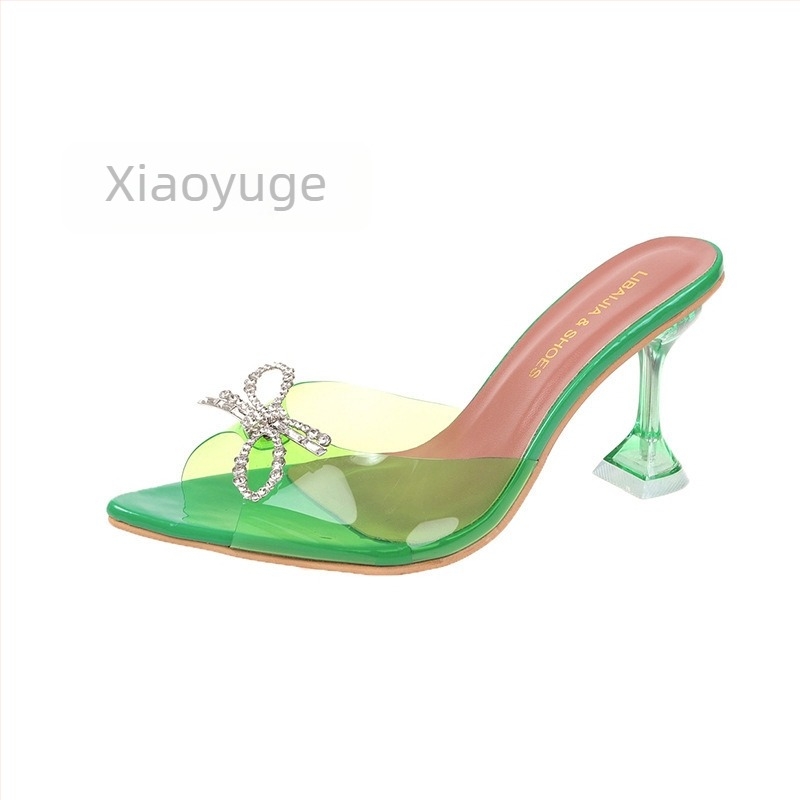 Șlapi pentru femei cu toc înalt, fundă cu cristale, partea superioară PVC, vârf ascuțit, talpă din cauciuc, fără căptușală, marca Brother Xiaoyu
