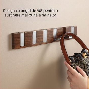 Set de cârlige adezive pentru perete, rând cu patru sau mai multe cârlige, din plastic, încărcare 1–3 kg, design cu textură nuc și aspect pian‑clavă, stil modern minimalist