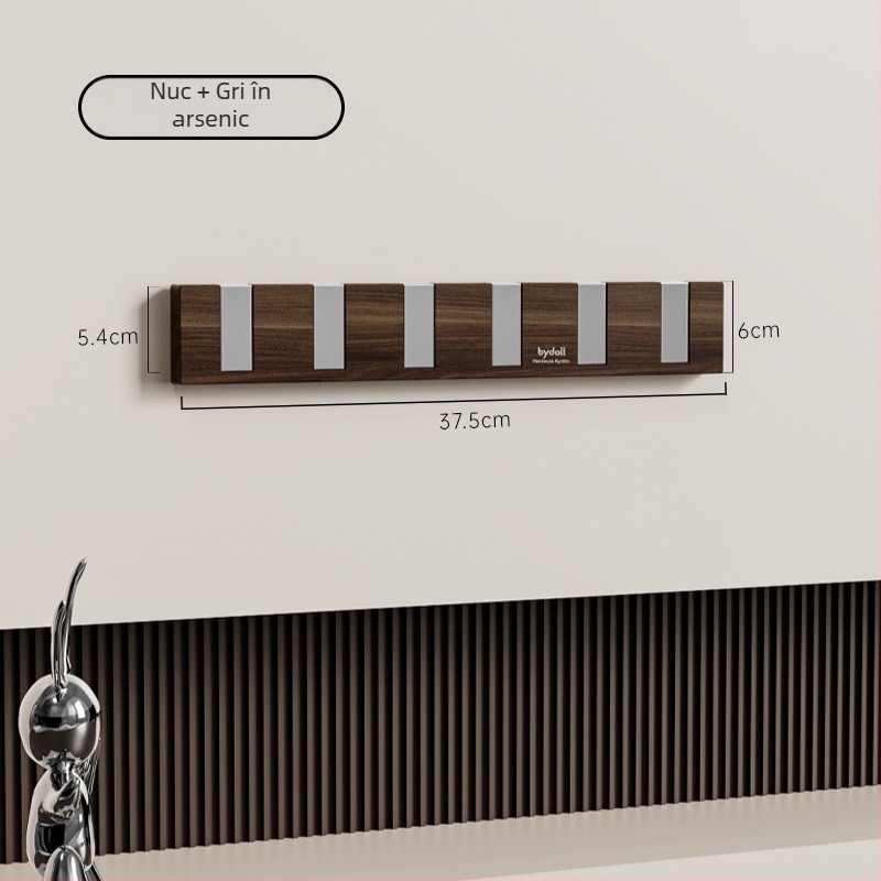 Set de cârlige adezive pentru perete, rând cu patru sau mai multe cârlige, din plastic, încărcare 1–3 kg, design cu textură nuc și aspect pian‑clavă, stil modern minimalist