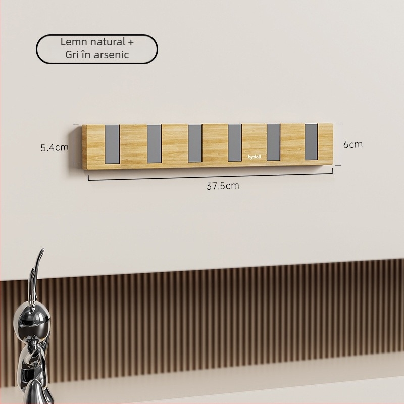 Set de cârlige adezive pentru perete, rând cu patru sau mai multe cârlige, din plastic, încărcare 1–3 kg, design cu textură nuc și aspect pian‑clavă, stil modern minimalist