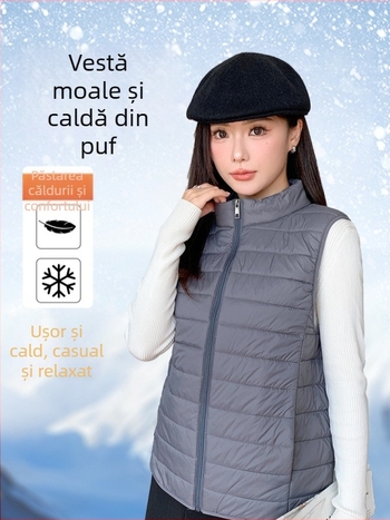 Vesta pentru femei cu decolteu în V, din nylon, umplutură poliester-bumbac, iarnă 2025, stil casual
