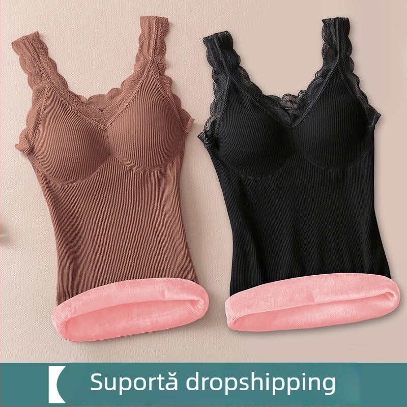 Vestă caldă de nylon, căptușeală de catifea, fără cusături, dublu strat, decolteu în V, potrivită ca strat de bază sau ținută exterioară, pentru femei