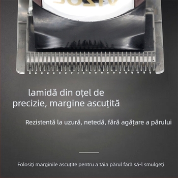 Mașină de tuns cu baterie încorporată și alimentare duală, motor cu perii, lamă din oțel inoxidabil, cap detașabil și lavabil, 1–3 ore de funcționare