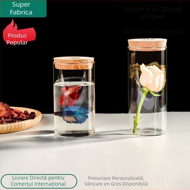 Recipient de depozitare din sticlă borosilicată cu iluminare, capac din plută, afișaj pentru brățări, protecție împotriva prafului