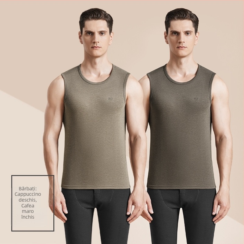 Vesta termică din lână cu catifea dublă pe ambele fețe, antibacteriană, 3 straturi, guler rotund, pentru bărbați