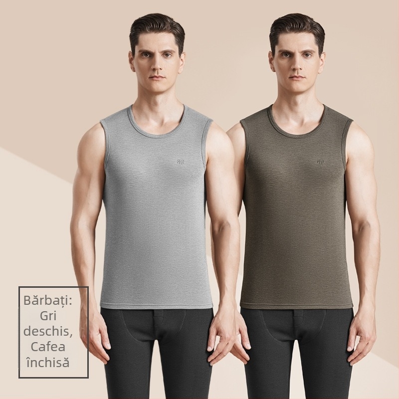 Vesta termică din lână cu catifea dublă pe ambele fețe, antibacteriană, 3 straturi, guler rotund, pentru bărbați