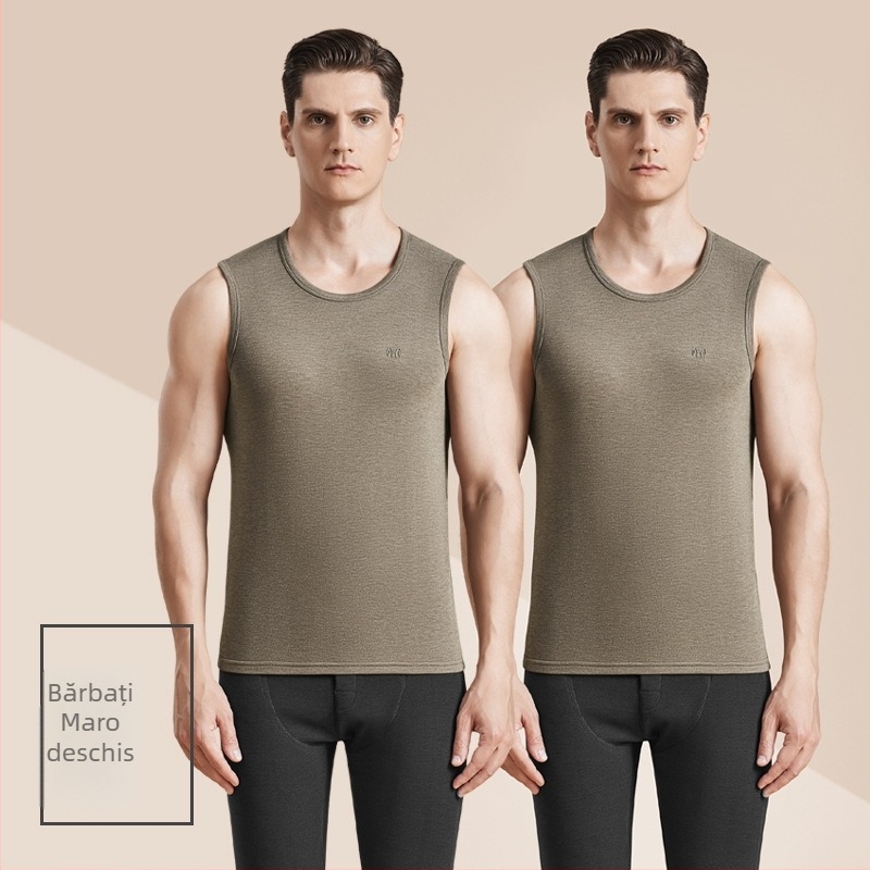 Vesta termică din lână cu catifea dublă pe ambele fețe, antibacteriană, 3 straturi, guler rotund, pentru bărbați