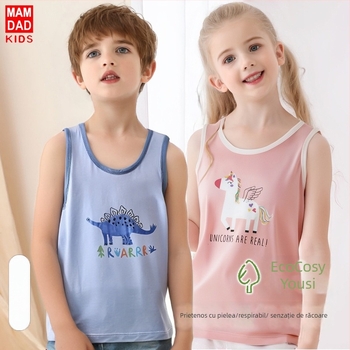 Set de pijamale copii fără mâneci (3 piese) — tricot moale din viscoză, imprimeu cu desene animate, guler rotund; pentru copii de 8 ani și peste