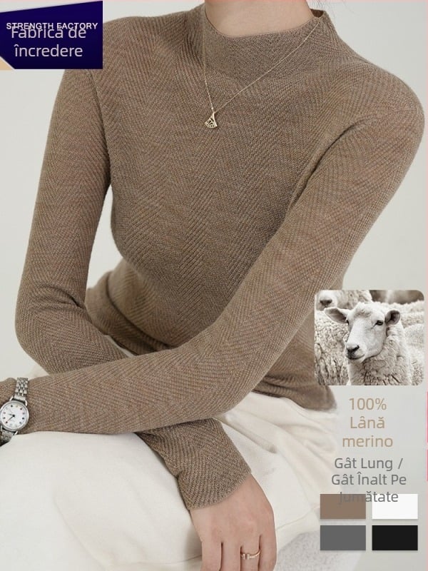 Puloveră de damă din lână, guler semi-turtleneck, croială Slim, mâneci lungi, 95% lână, toamnă 2025