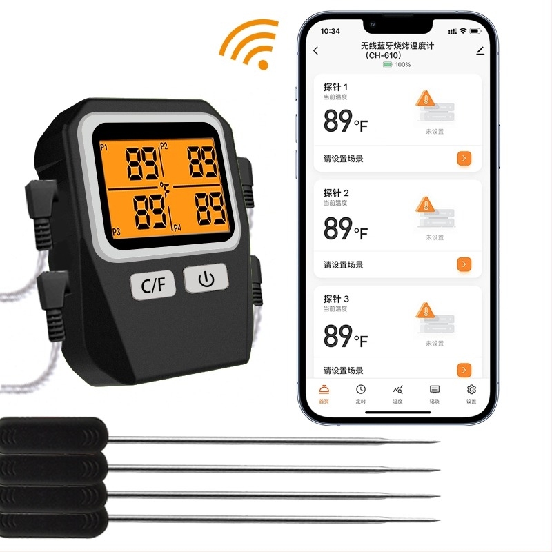 Termometru de carne wireless cu Bluetooth CH-610, patru sonde, pentru grătar și bucătărie, cuptor