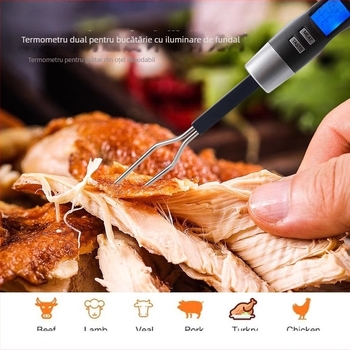 Termometru alimentar portabil cu furculiță dublă și afișaj digital, interval 0–250°C, pentru grătar și bucătărie