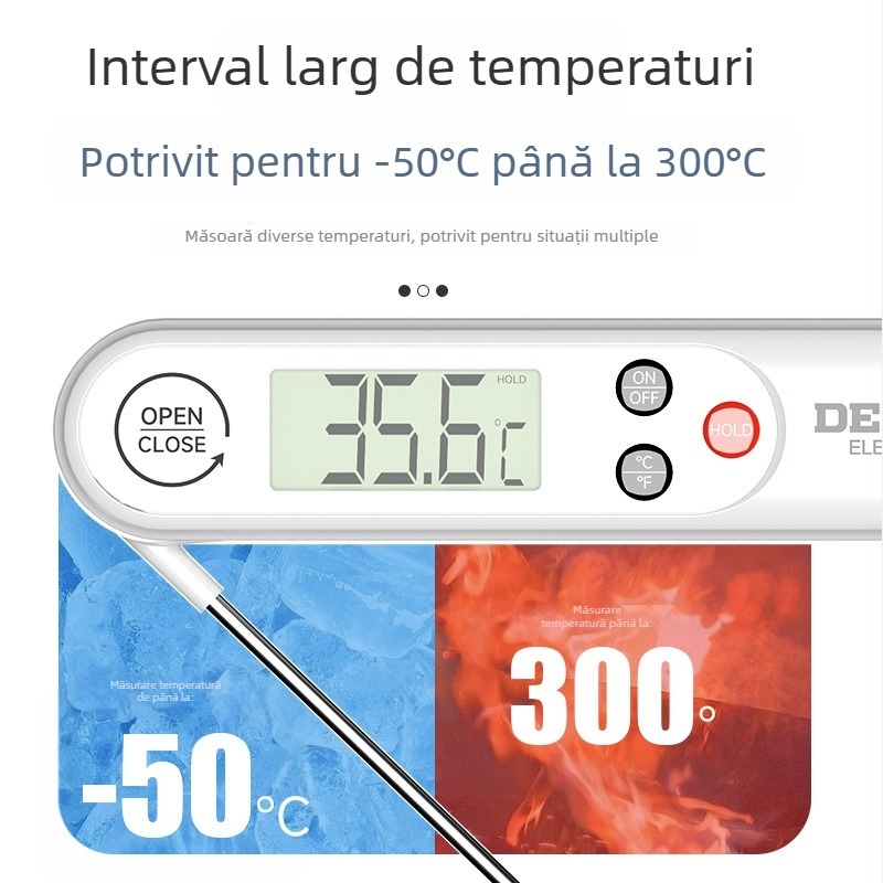 Delixi termometru alimentar impermeabil, pliabil, intervalul -50°C până la 300°C, rezoluție 0.1°C, sondă din oțel inoxidabil 304