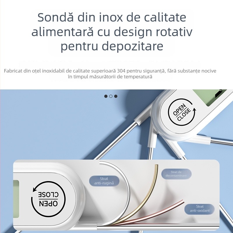 Delixi termometru alimentar impermeabil, pliabil, intervalul -50°C până la 300°C, rezoluție 0.1°C, sondă din oțel inoxidabil 304