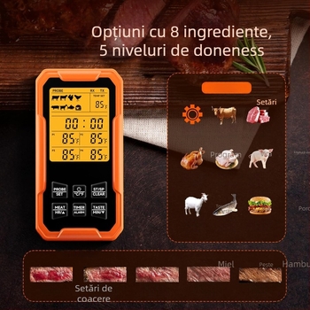 Termometru pentru alimente cu 4 sonde, Bluetooth inteligent, impermeabil, oțel inox, pentru grătar