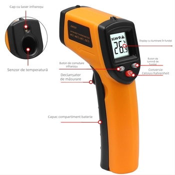 Termometru infraroșu, mână, industrial, pentru bucătărie, interval -50°C până la 400°C