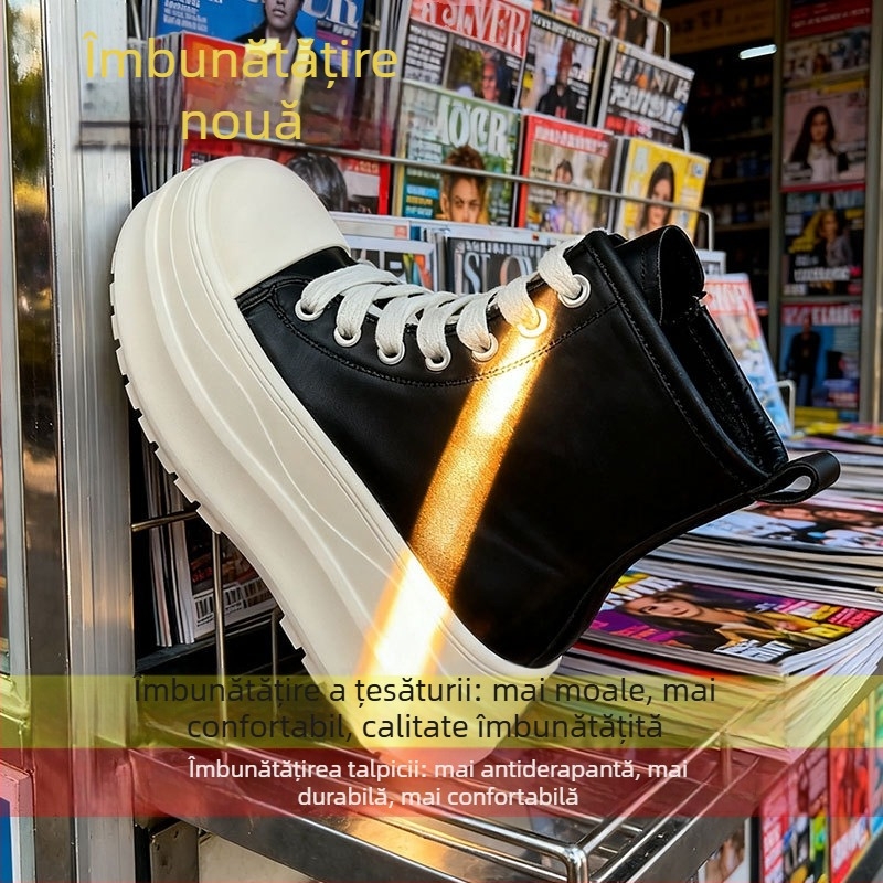 Adidași sport înalți pentru femei, talpă groasă, toamna 2025, PU supra, talpă din cauciuc, închidere cu cataramă transversală, vârf rotund