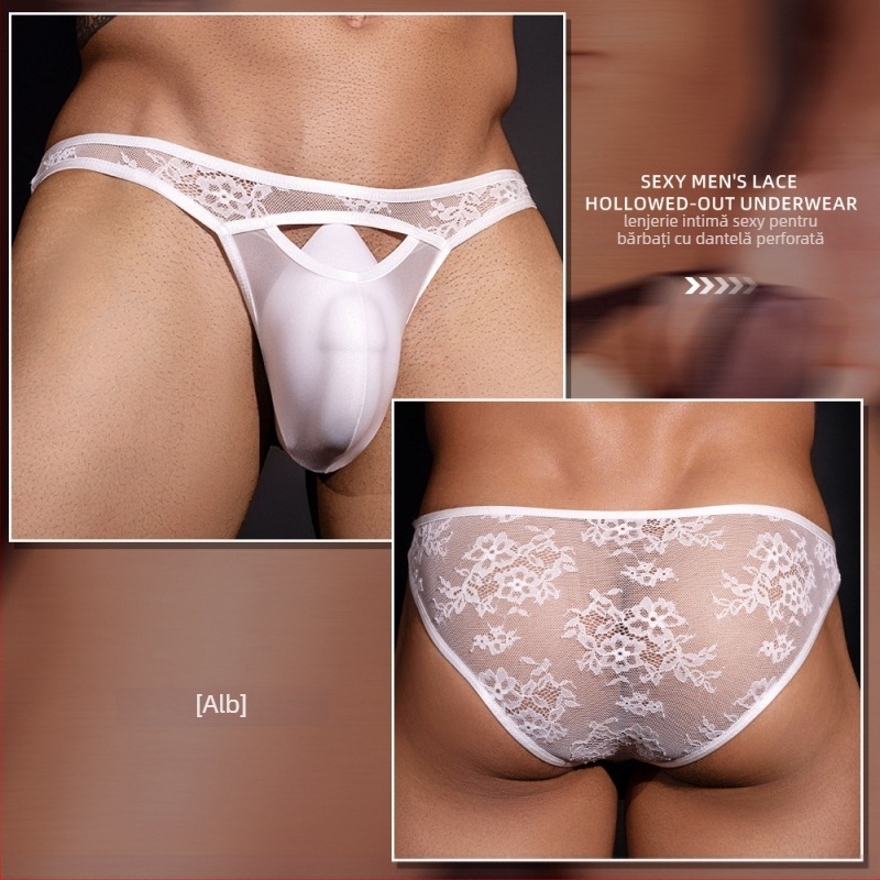 Boxeri pentru bărbați din dantelă transparente, cu decupaje, stil trei puncte, material nylon