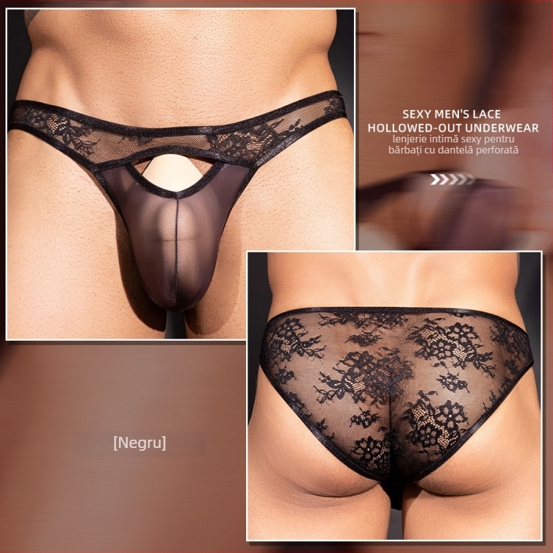 Boxeri pentru bărbați din dantelă transparente, cu decupaje, stil trei puncte, material nylon