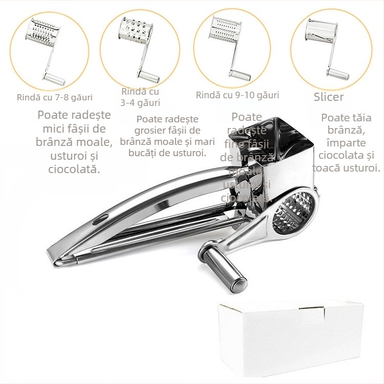 Răzuitor de brânză rotativ manual din oțel inoxidabil 430, design minimalist modern, pentru brânză și firimituri de ciocolată.