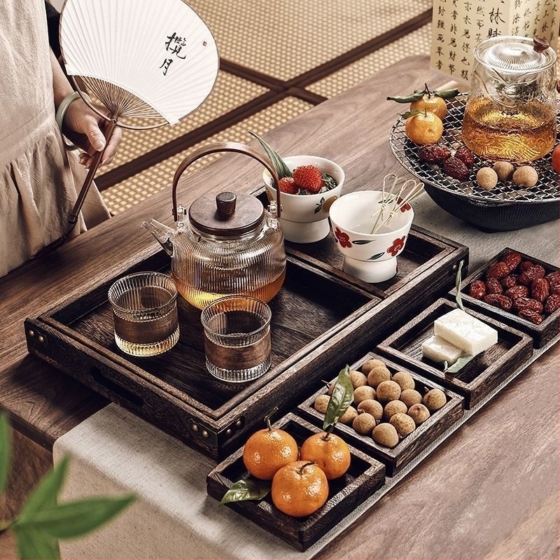 Tavă de afișare din lemn pentru ceaiul de după-amiază, stil chinezesc, pentru fructe, gustări și produse de patiserie, semi-manuală și semi-mecanică